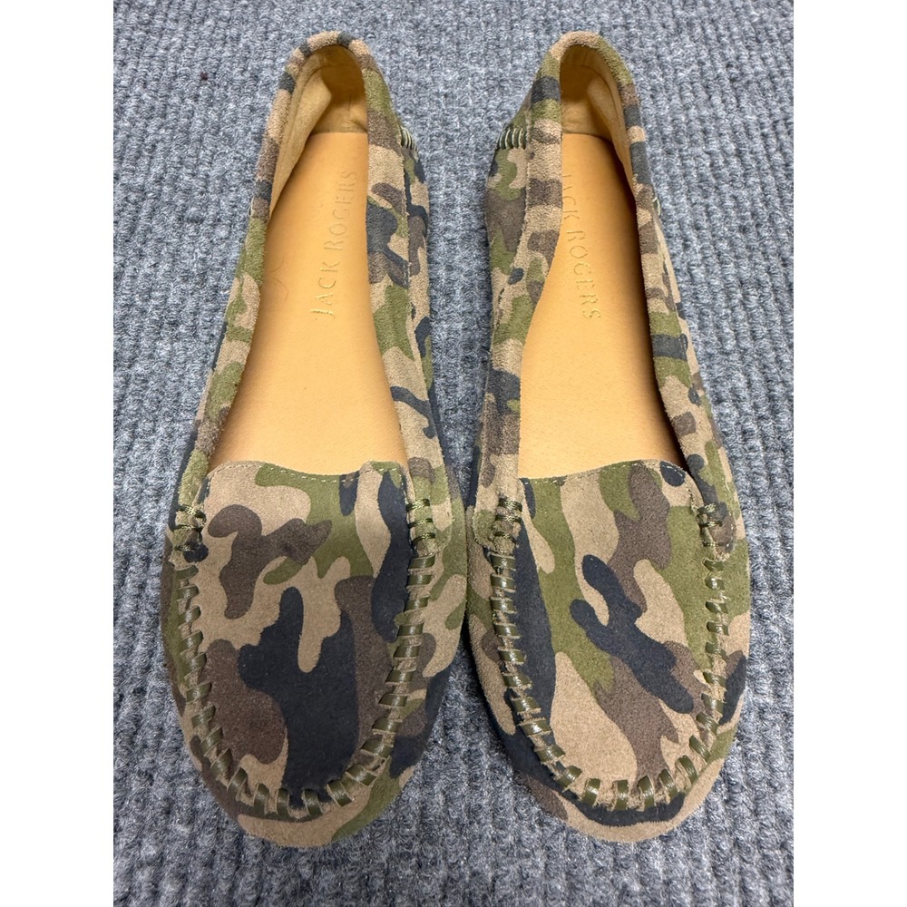 Jack‎ Rogers Camouflage Suede Loafers Green Brown Camo Whipstitch Flats